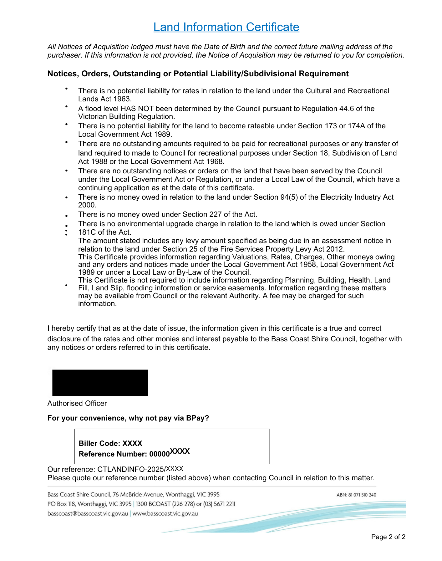 Page 2 of the Land Information Certificate. Confirms no outstanding liabilities, notices, or environmental charges on the property as of date. Mentions exclusions for planning, building, or environmental details. Certified by Bass Coast Shire Council, including payment details with BPay options and reference numbers.