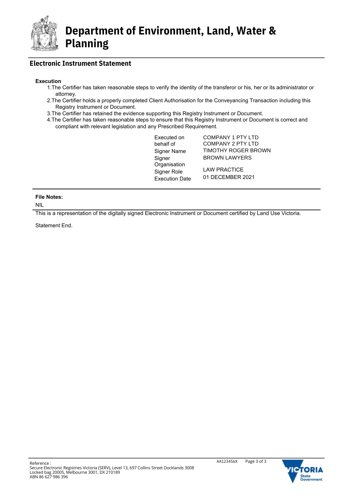 Cover page of the electronic transfer instrument.