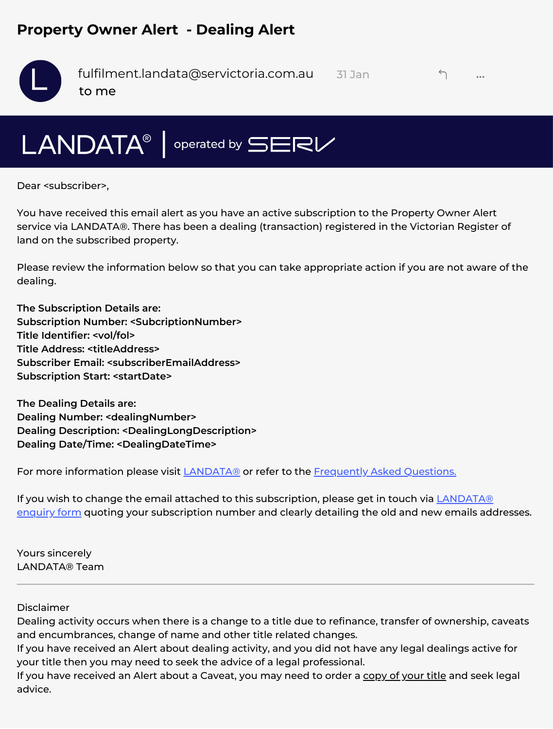 Property Owner Alert Message – Dealing Alert